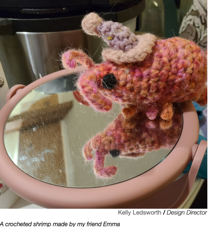 A crocheted shrimp made by my friend Emma