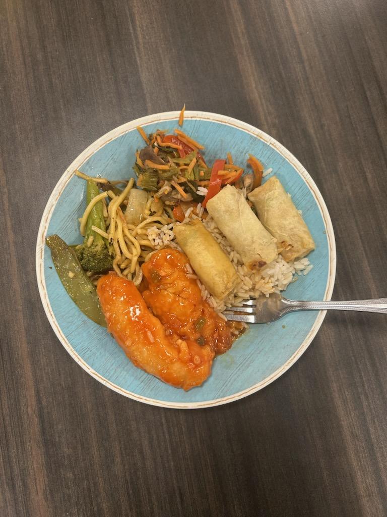 Spring rolls and chicken from Brooks Dining Hall
